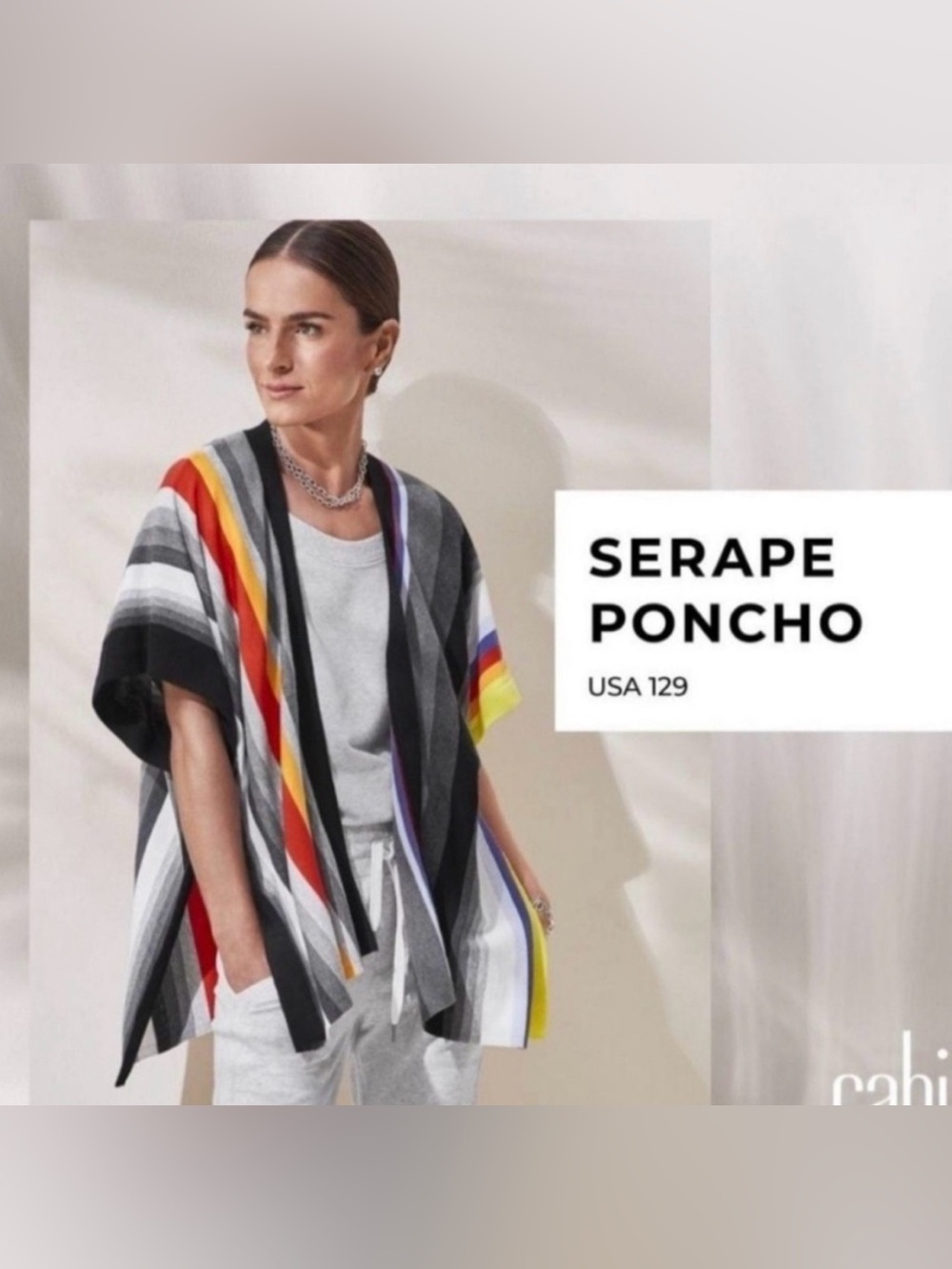 CAbi Serape Stripe Poncho — Gray with Red, Yellow & Purple Accents